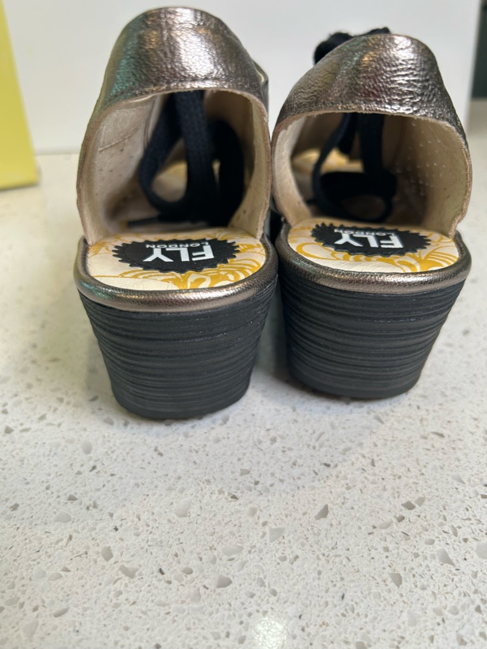 Fly London Yuta' Platform Black & Silver Wedge‎ Sandal Size 40/9 - Picture 4 of 9